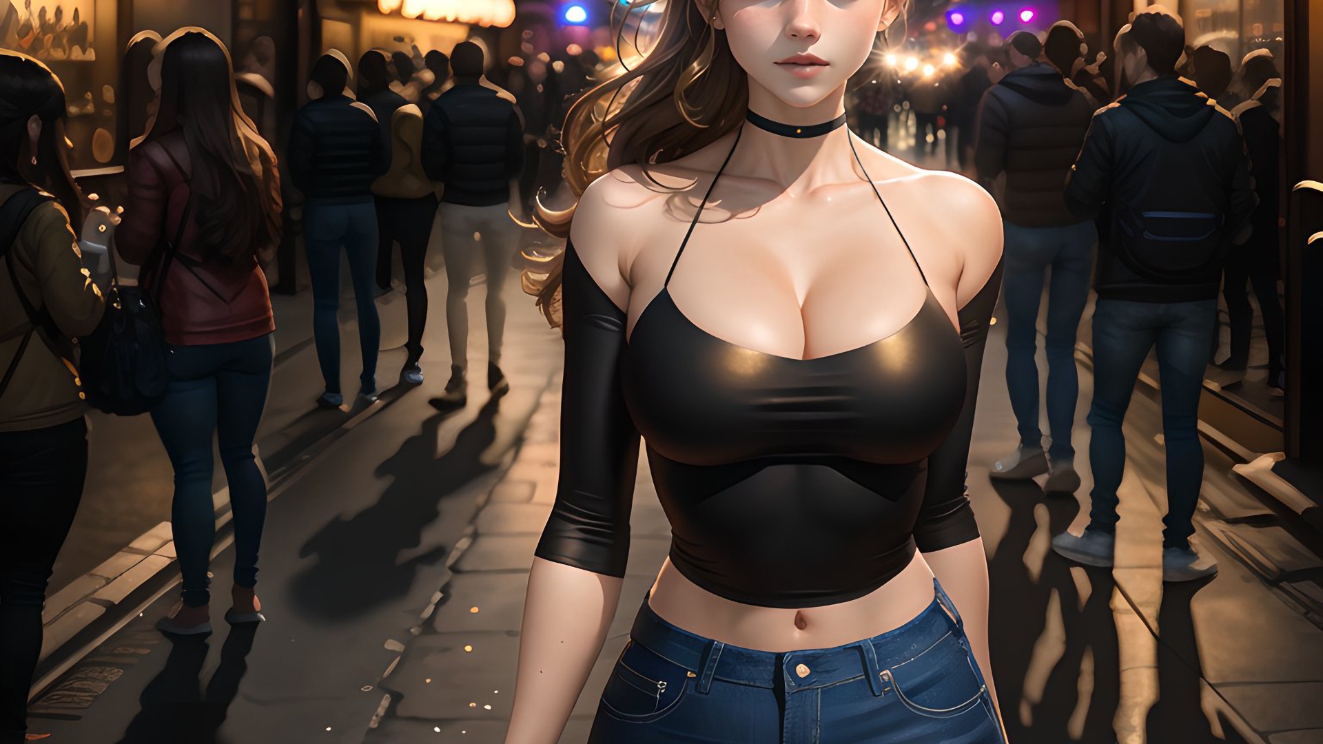 women, brunette, ai art, jeans, neckline, street, people, men, green eyes, night, choker, skinny jeans