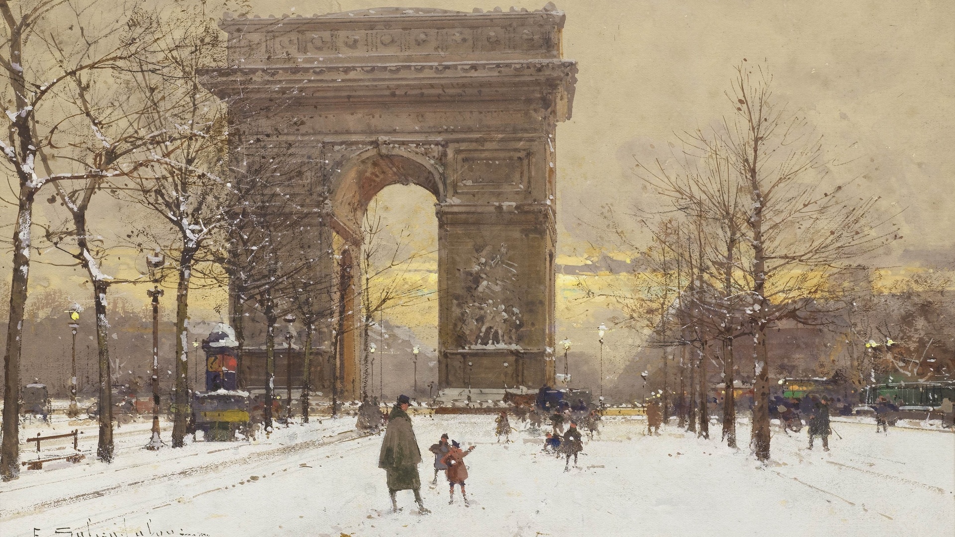 eugene galien-laloue, french, arc de triomphe in winter