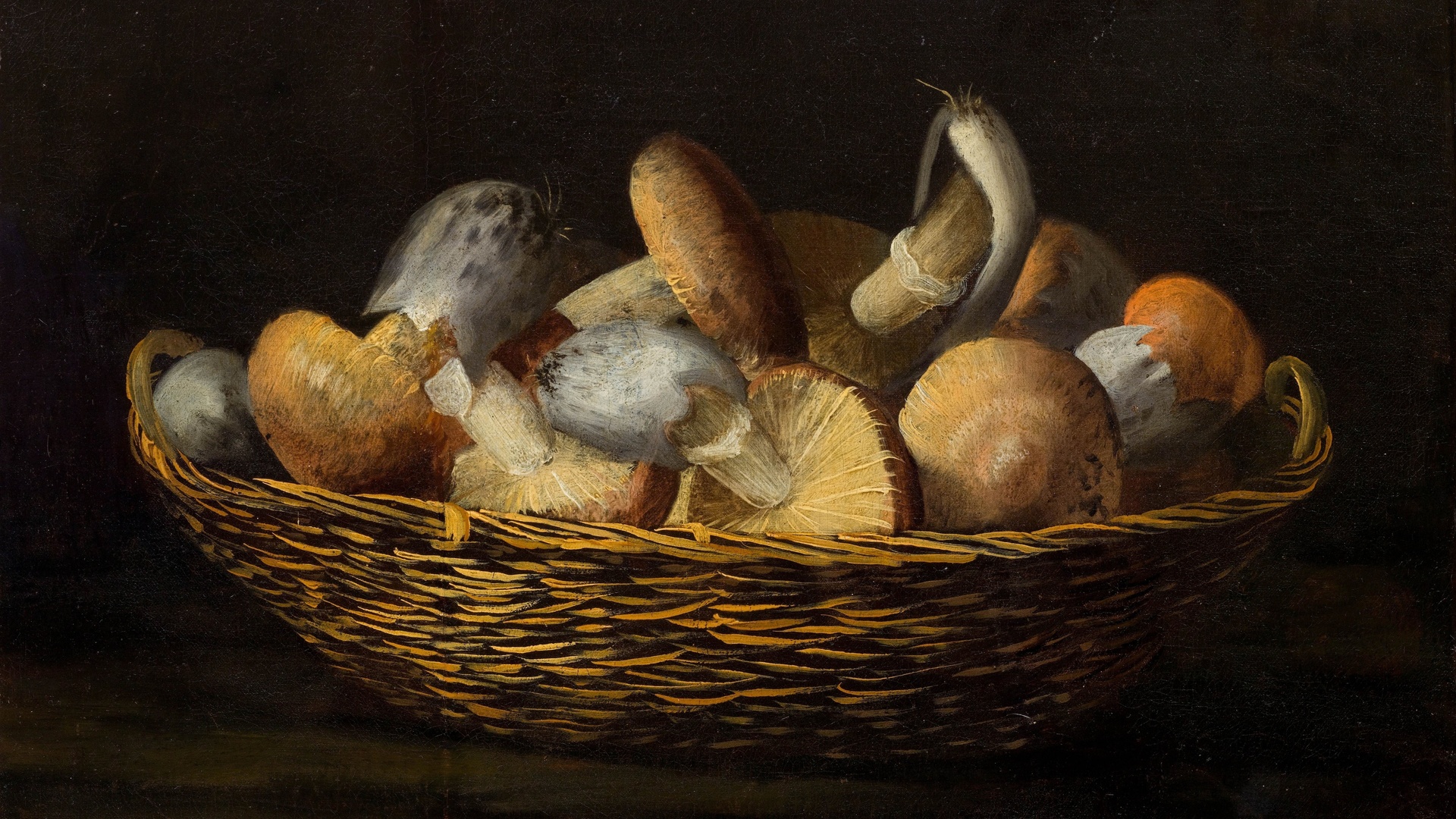 still life with mushrooms in a wicker basket, simone del tintore, italian