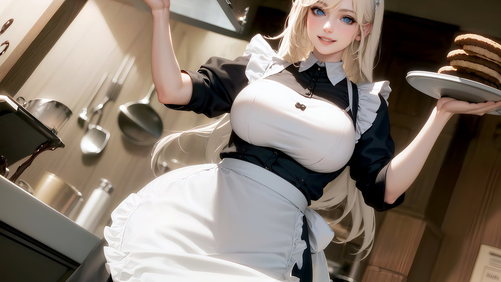 stable diffusion, ai art, blonde, women, maid outfit, maid, dress, kitchen, realistic, blue eyes, smiling, apron