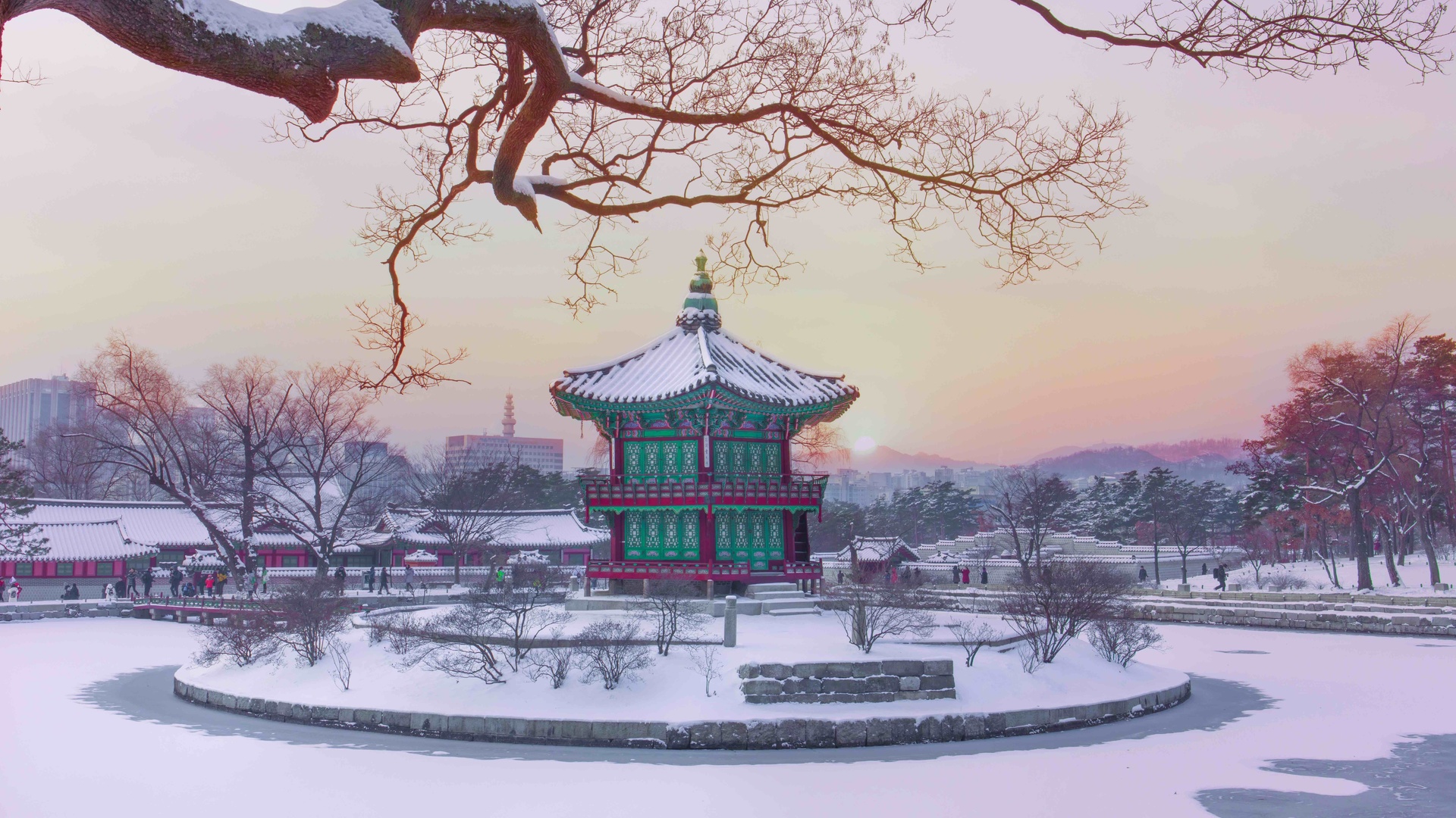 winter, gyeongbokgung, hyangwonjeong pavilion, bridge intoxicated with fragrance, seoul, south korea