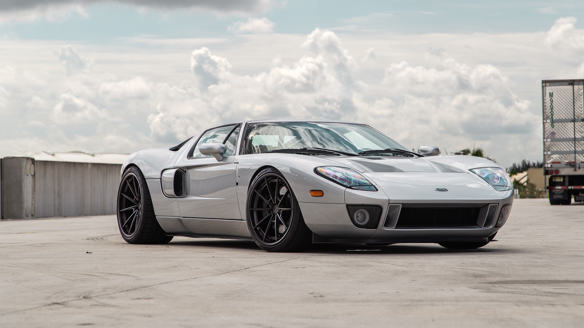 ford, ford gt, grey, trailer, clouds, sportcar