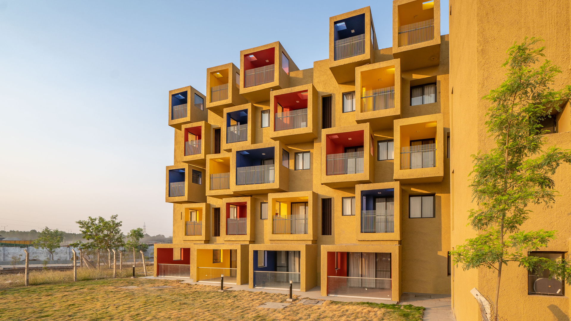 studio apartments, composition of coloured cuboids, karnataka, india