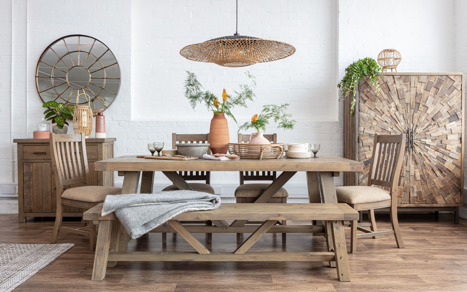 dining table, oak bench, scandinavian style dining room interior