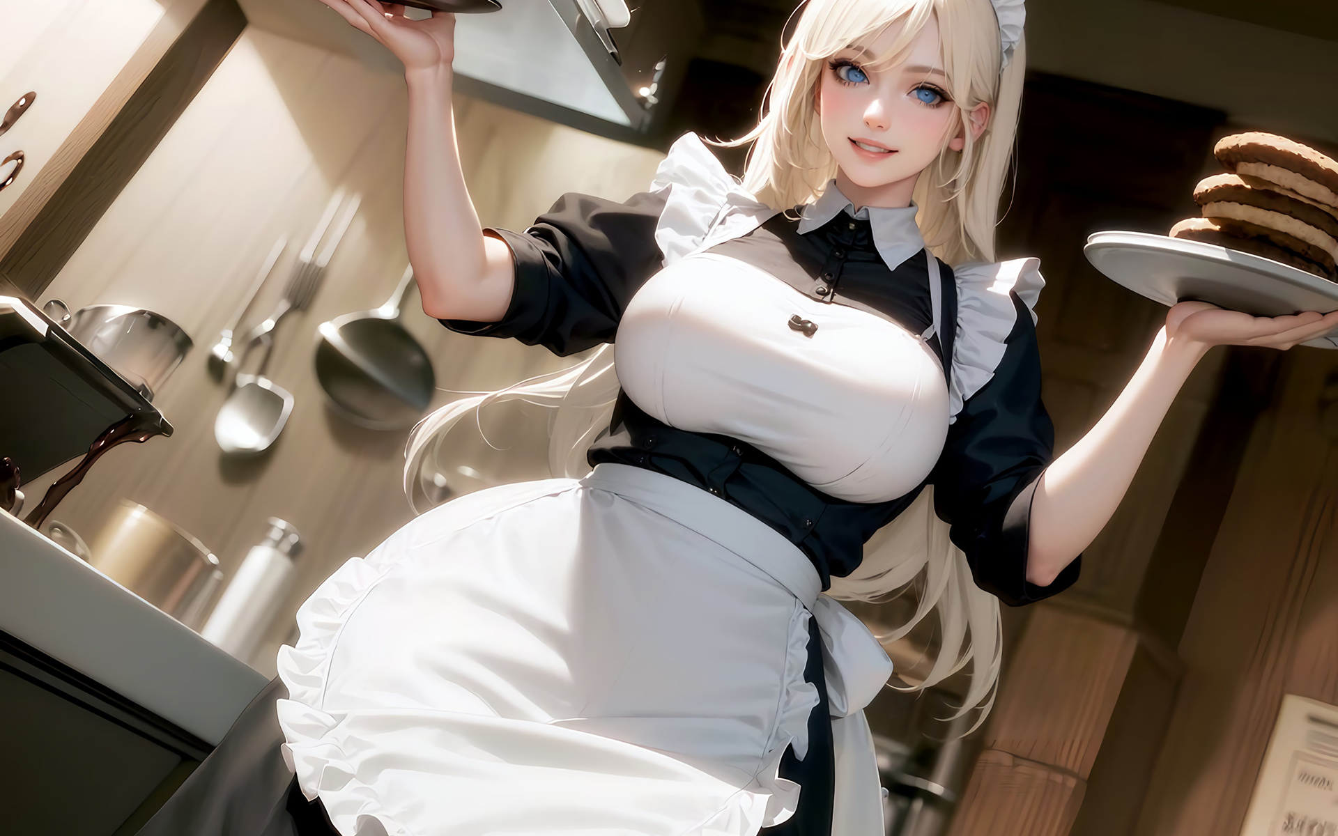 stable diffusion, ai art, blonde, women, maid outfit, maid, dress, kitchen, realistic, blue eyes, smiling, apron