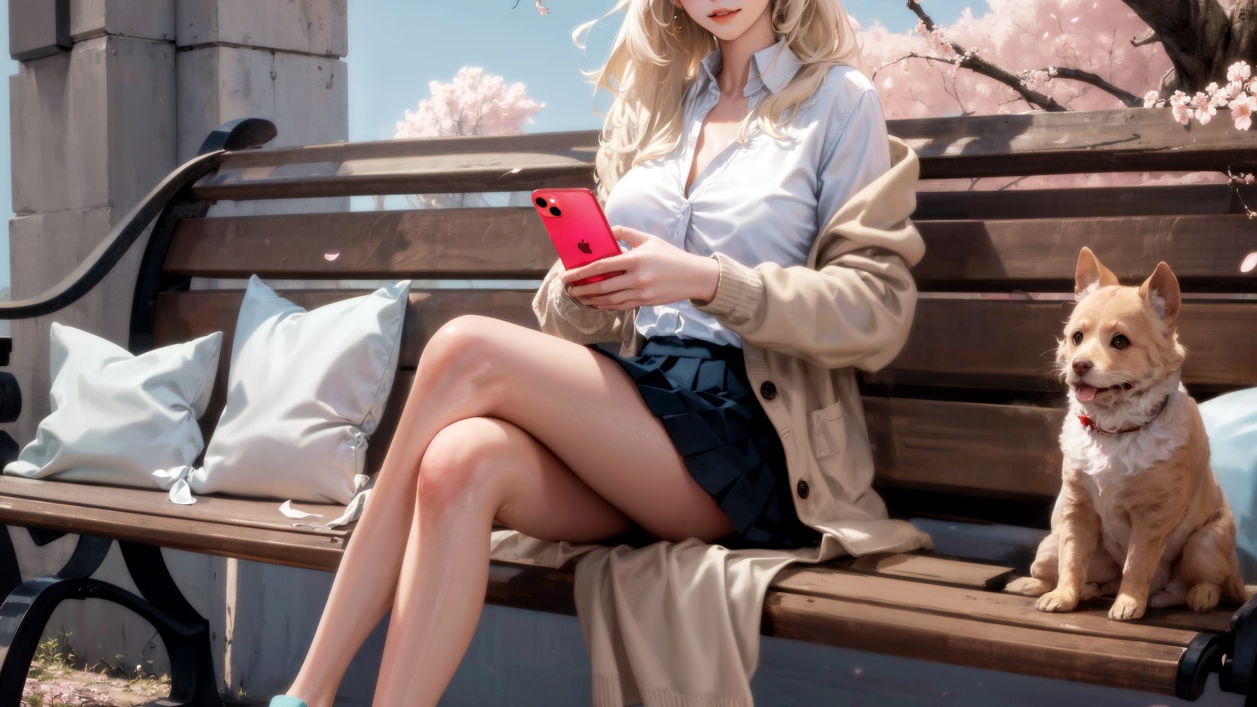 stable diffusion, ai art, blonde, women, dog, animals, bench, trees, sky, clouds, cherry blossom, skirt, white shirt, shirt, sweater, iphone, smartphone, legs crossed, sneakers, outdoors