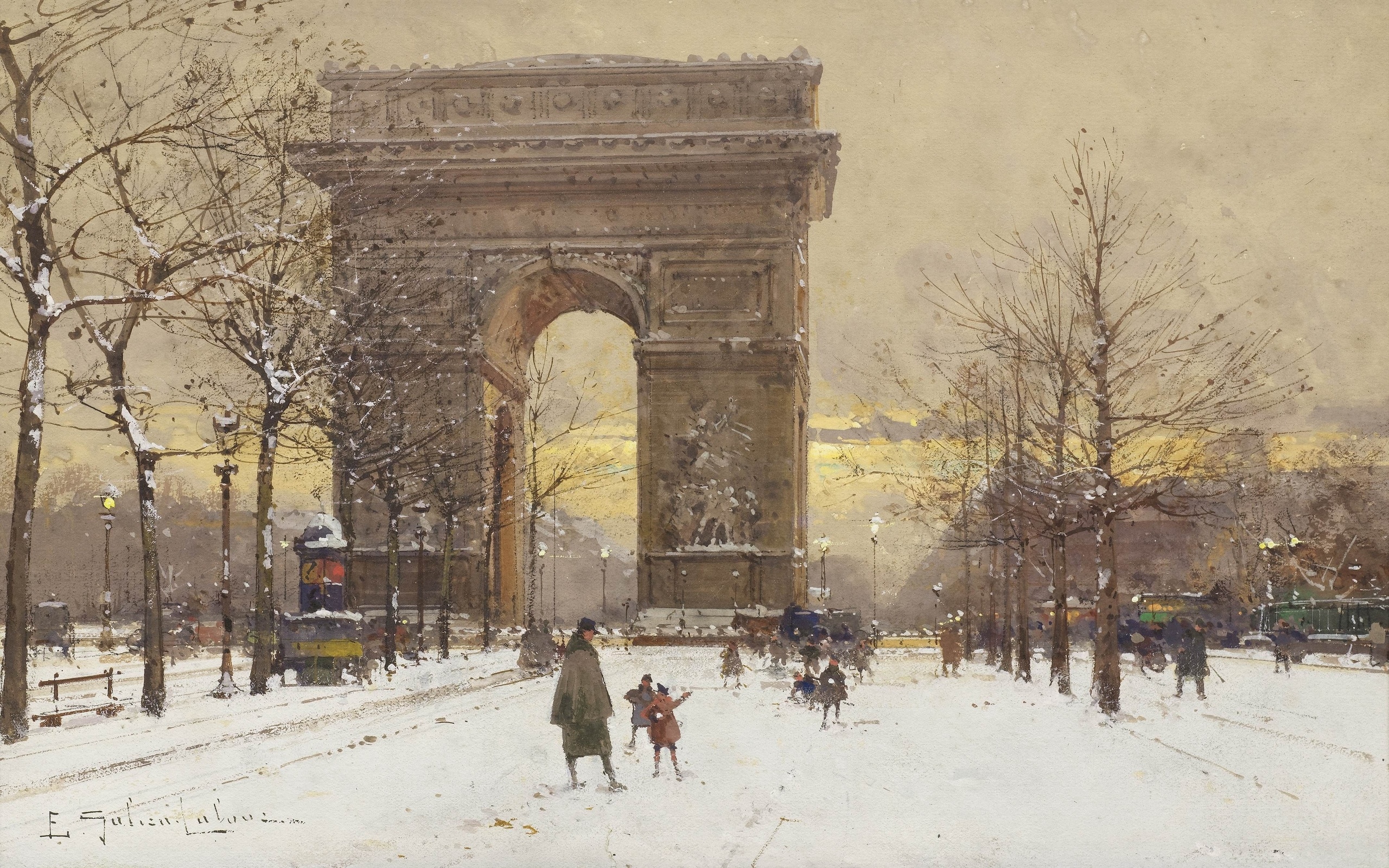 eugene galien-laloue, french, arc de triomphe in winter