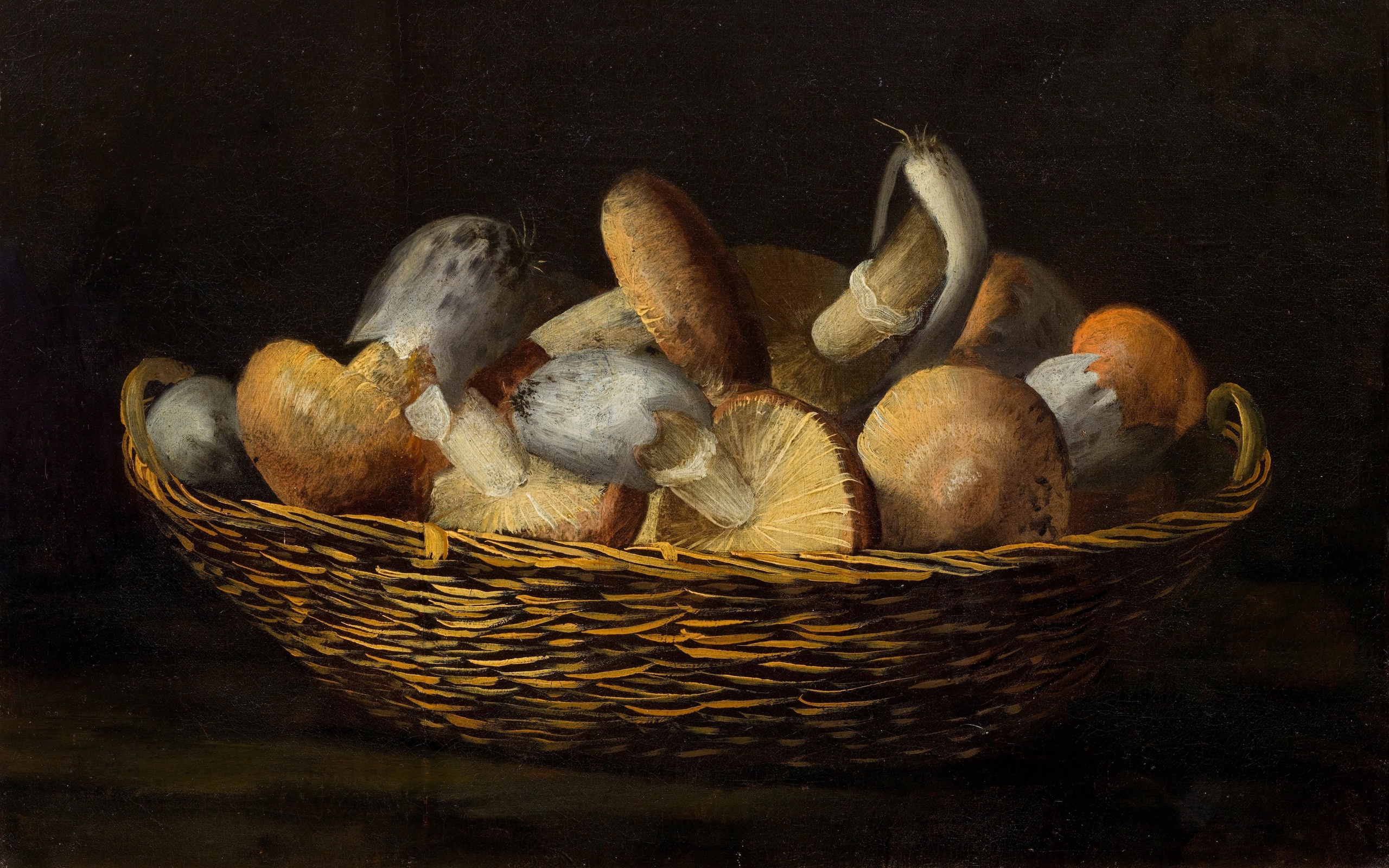 still life with mushrooms in a wicker basket, simone del tintore, italian