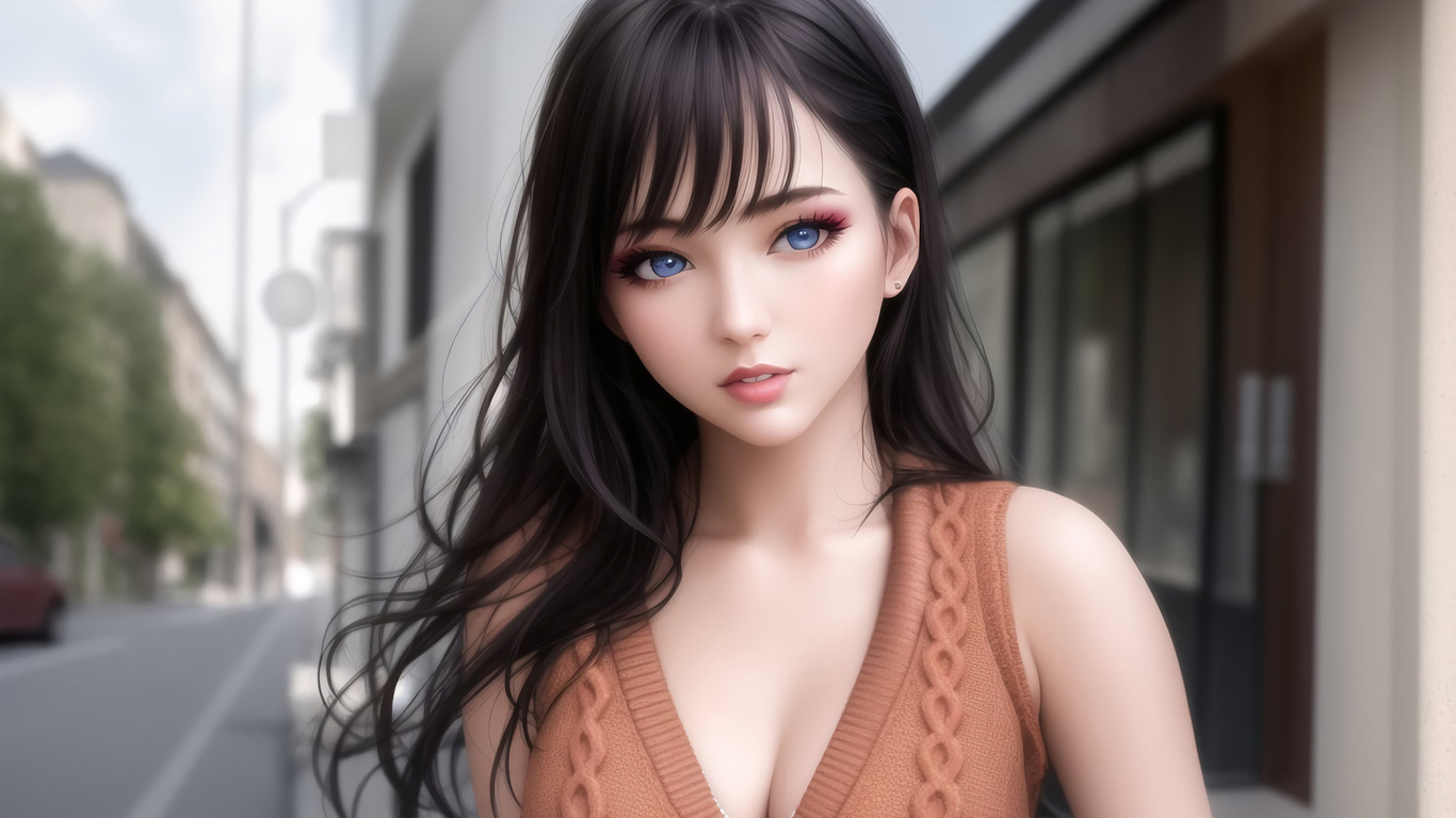 women, brunette, anime girls, ai art, digital art, blue eyes, street, city