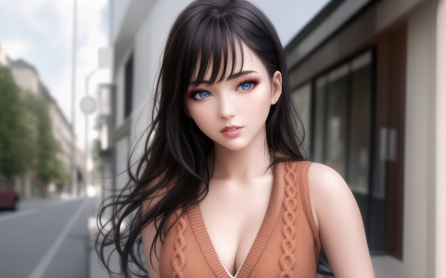 women, brunette, anime girls, ai art, digital art, blue eyes, street, city