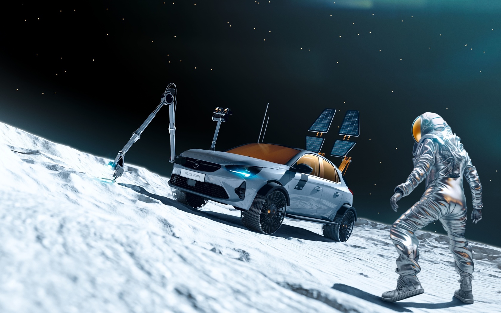 opel, solar-powered fun vehicle, opel corsa moon ii, space tourism, bright future