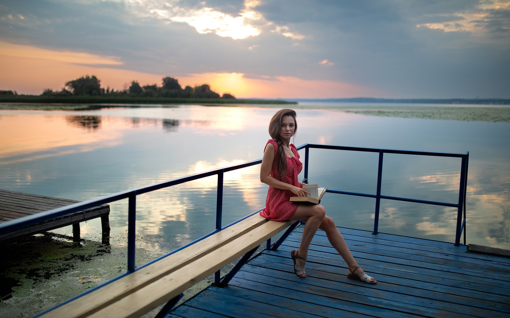 dmitry shulgin, women, model, brunette, women outdoors, lake, red dress, dress, nature, landscape, sky, clouds, water