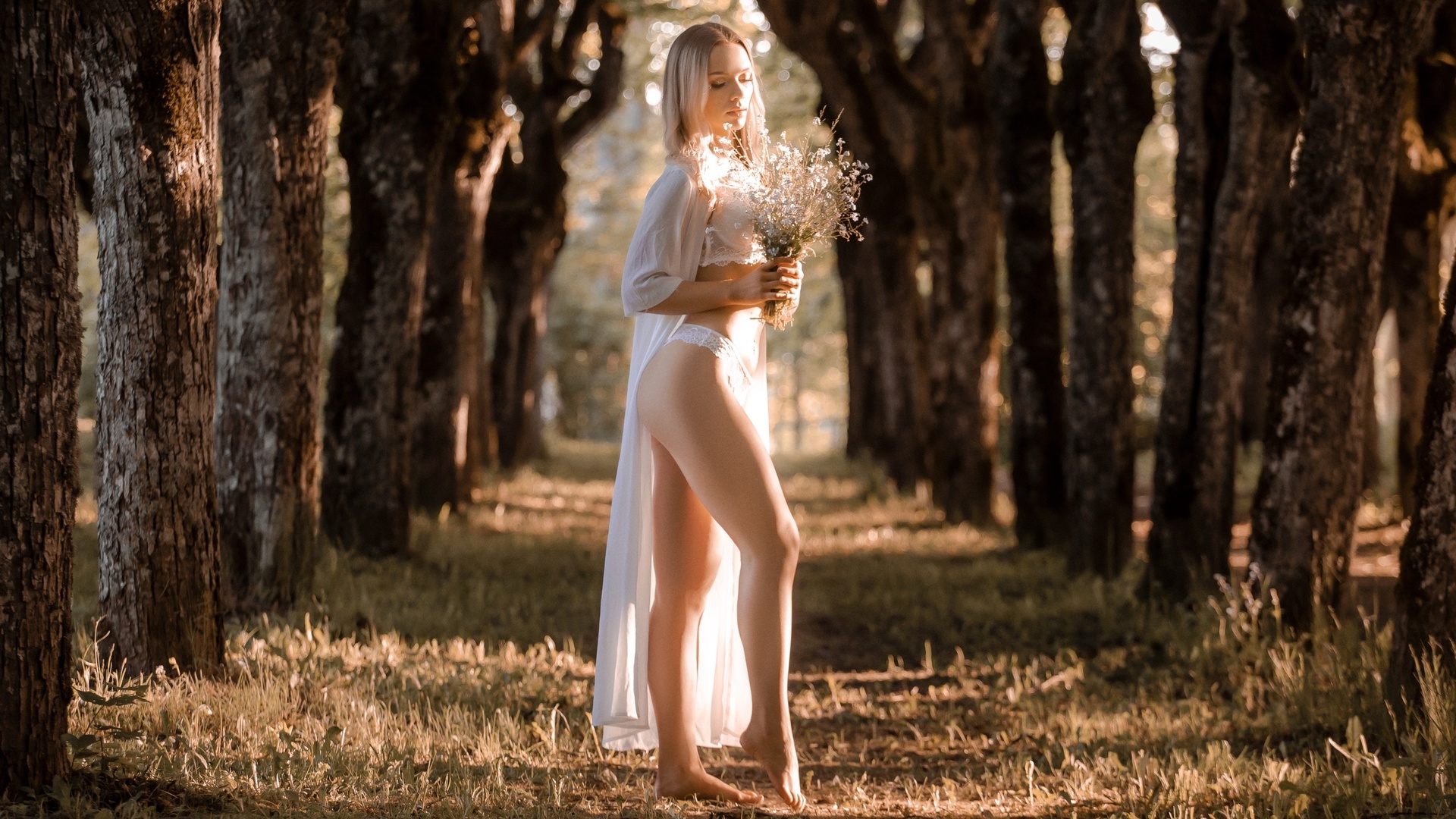 women, blonde, model, women outdoors, ass, hips, white lingerie, bra, panties, lingerie, white bra, white panties, trees, grass, nature, flowers