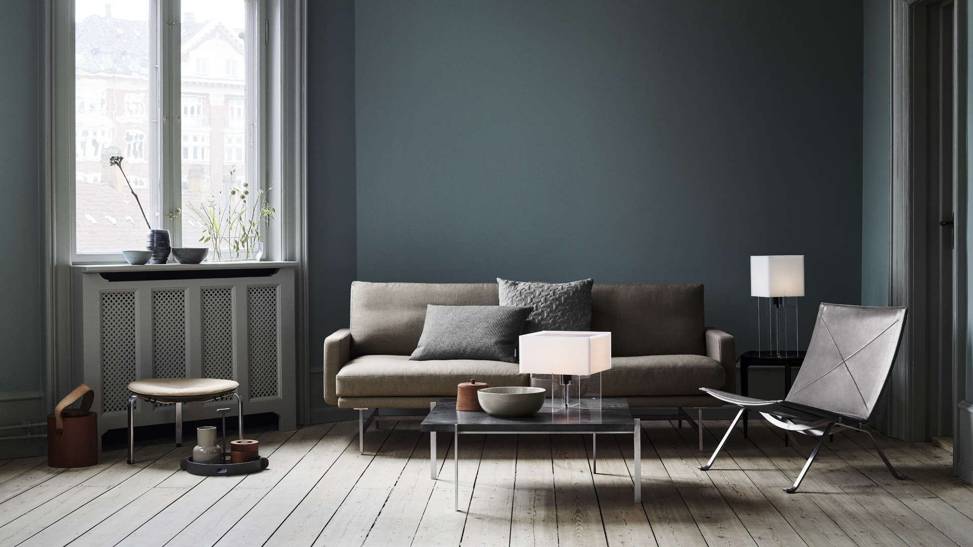 scandinavian style living room interior, table lamp, fritz hansen cross-plex