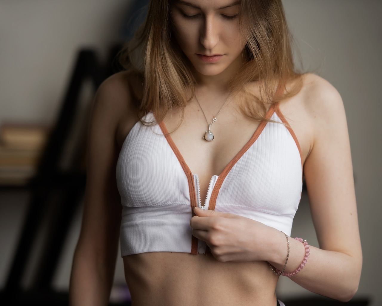 leonid markachev, milanna muskat, women, model, brunette, blonde, white tops, short tops, women indoors, looking below, zipper