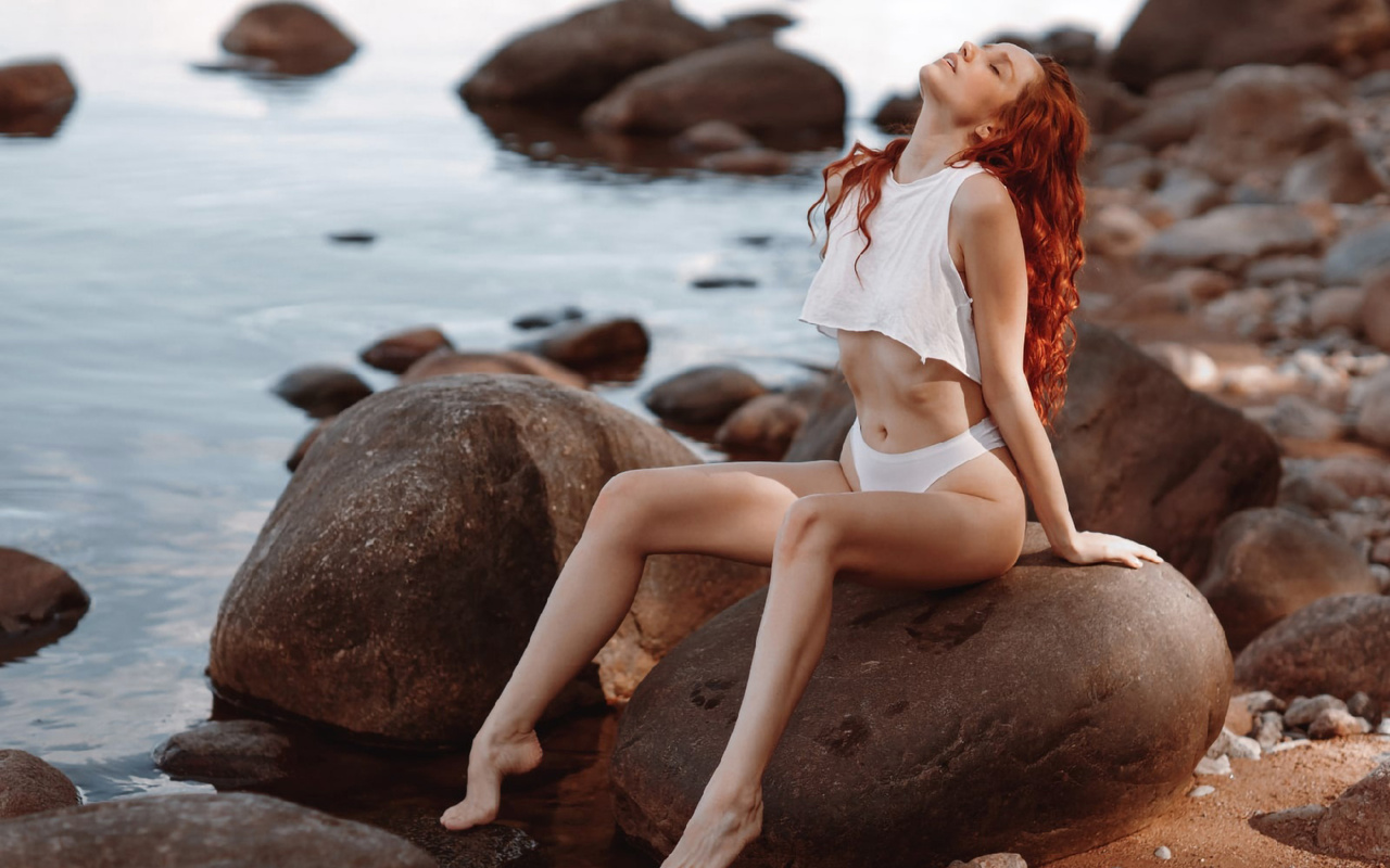 stepan kvardakov, redhead, women, model, beach, women outdoors, white panties, panties, hips, sitting, rocks, sea, ass, water, nature, closed eyes