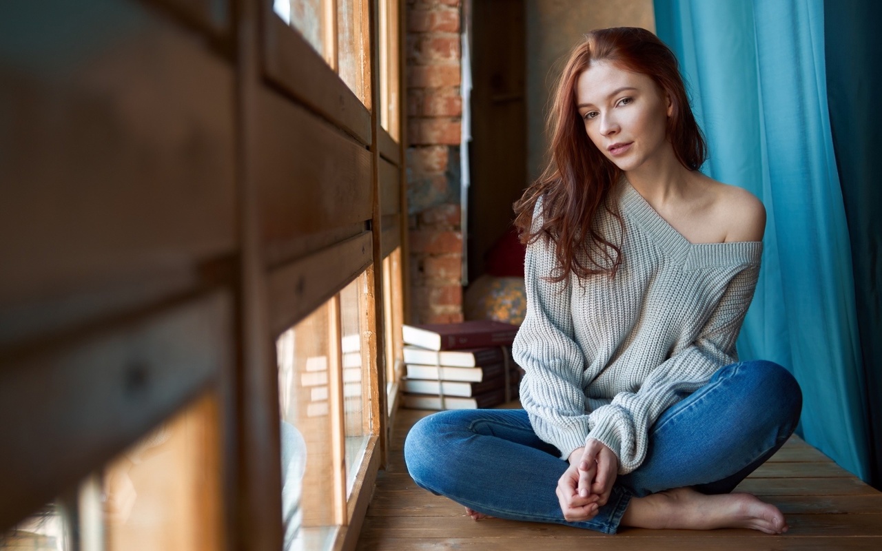 redhead, model, women, jeans, women indoors, beautiful, sitting, sweater, by the window