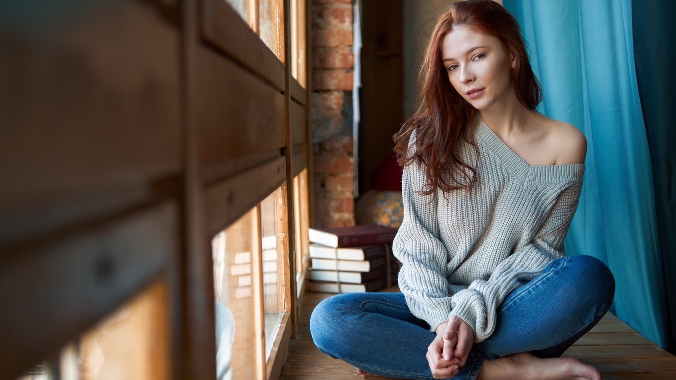 redhead, model, women, jeans, women indoors, beautiful, sitting, sweater, by the window