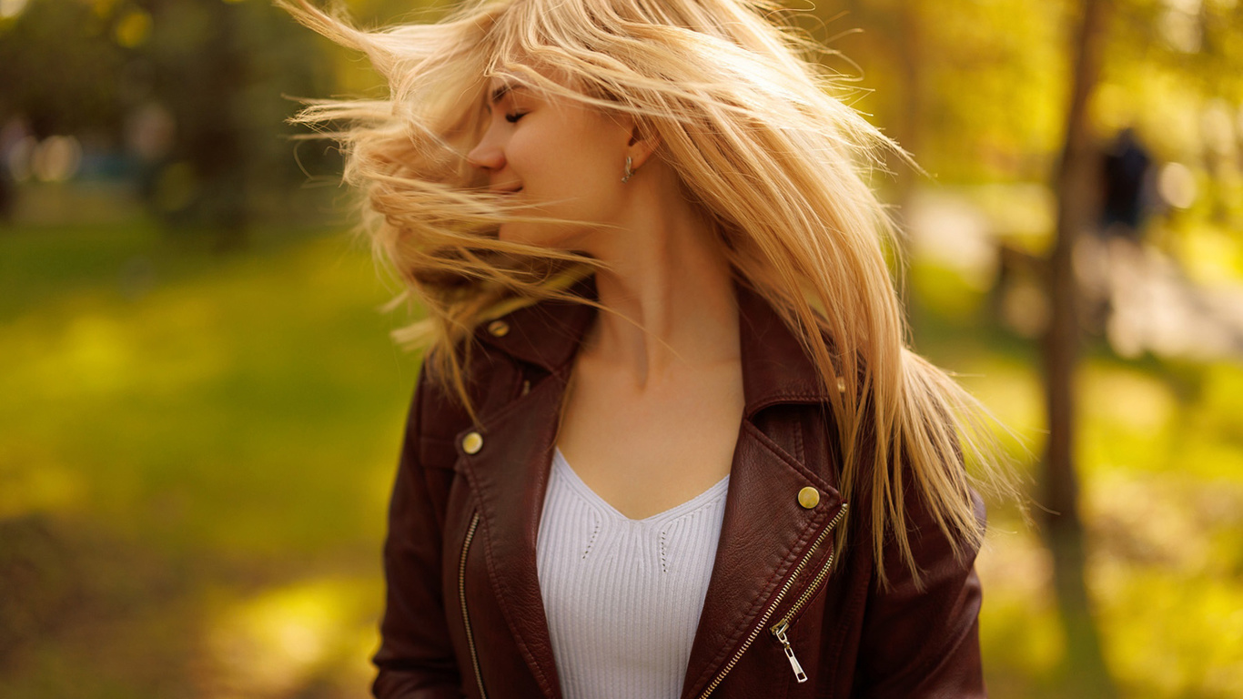 blonde, women, model, women outdoors, jacket, leather jacket, bokeh, closed eyes, nature, trees