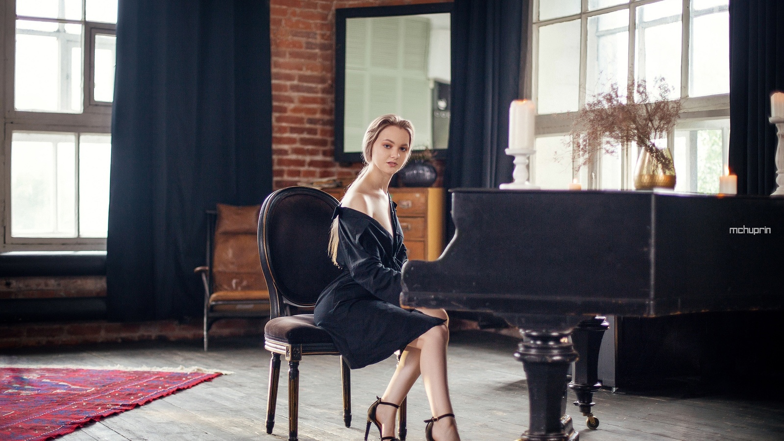 maksim chuprin, anna rvsa, blonde, model, women, women indoors, black dress, dress, chair, piano, wooden floor, window, sitting, mirror