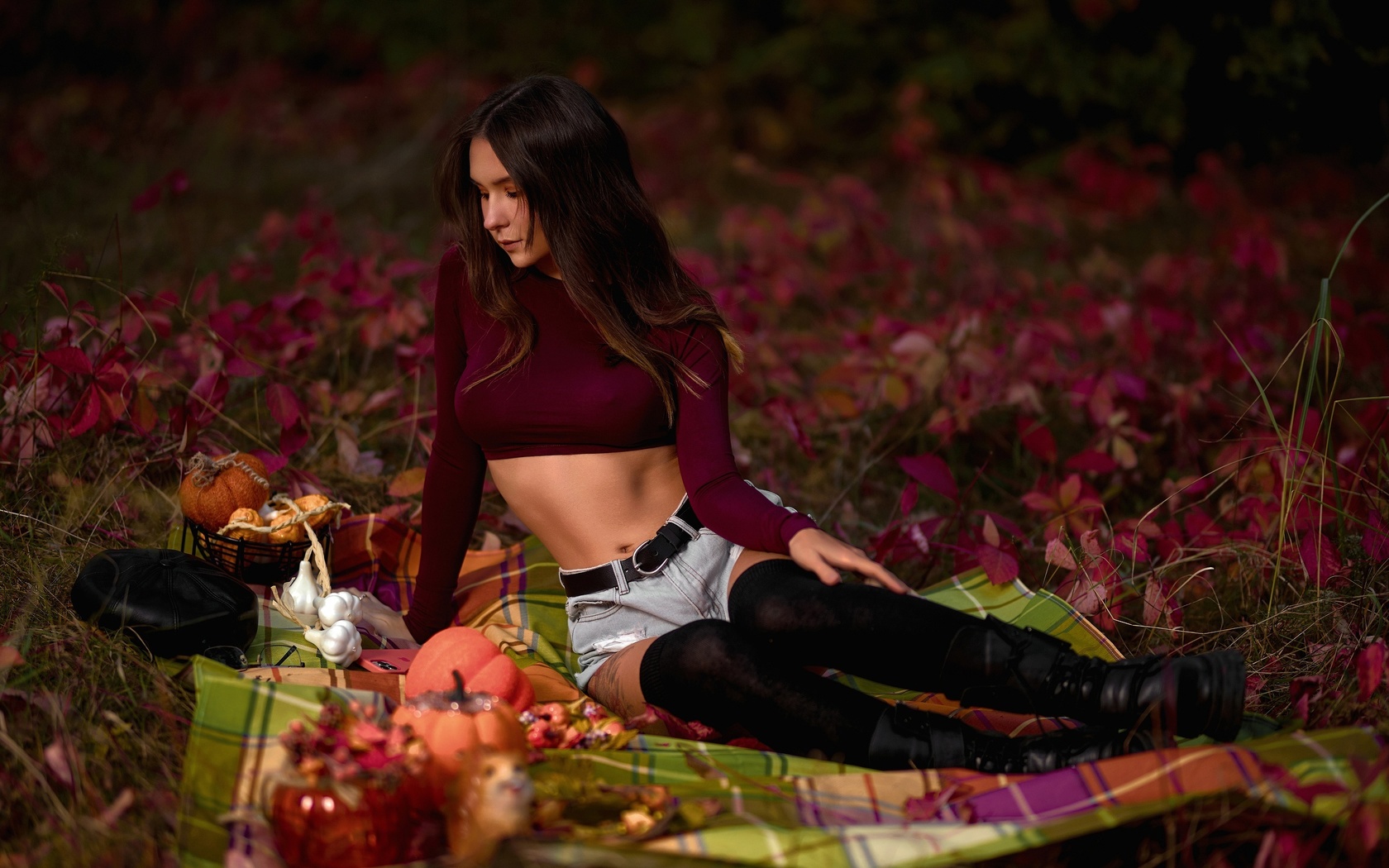 women, brunette, model, short tops, jean shorts, tattoo, plants, hips, boots, black boots, nature, picnic