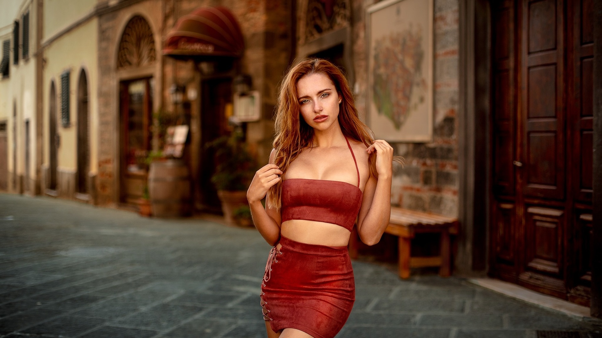 sophia blake, redhead, women, model, women outdoors, miniskirt, public, street, hips