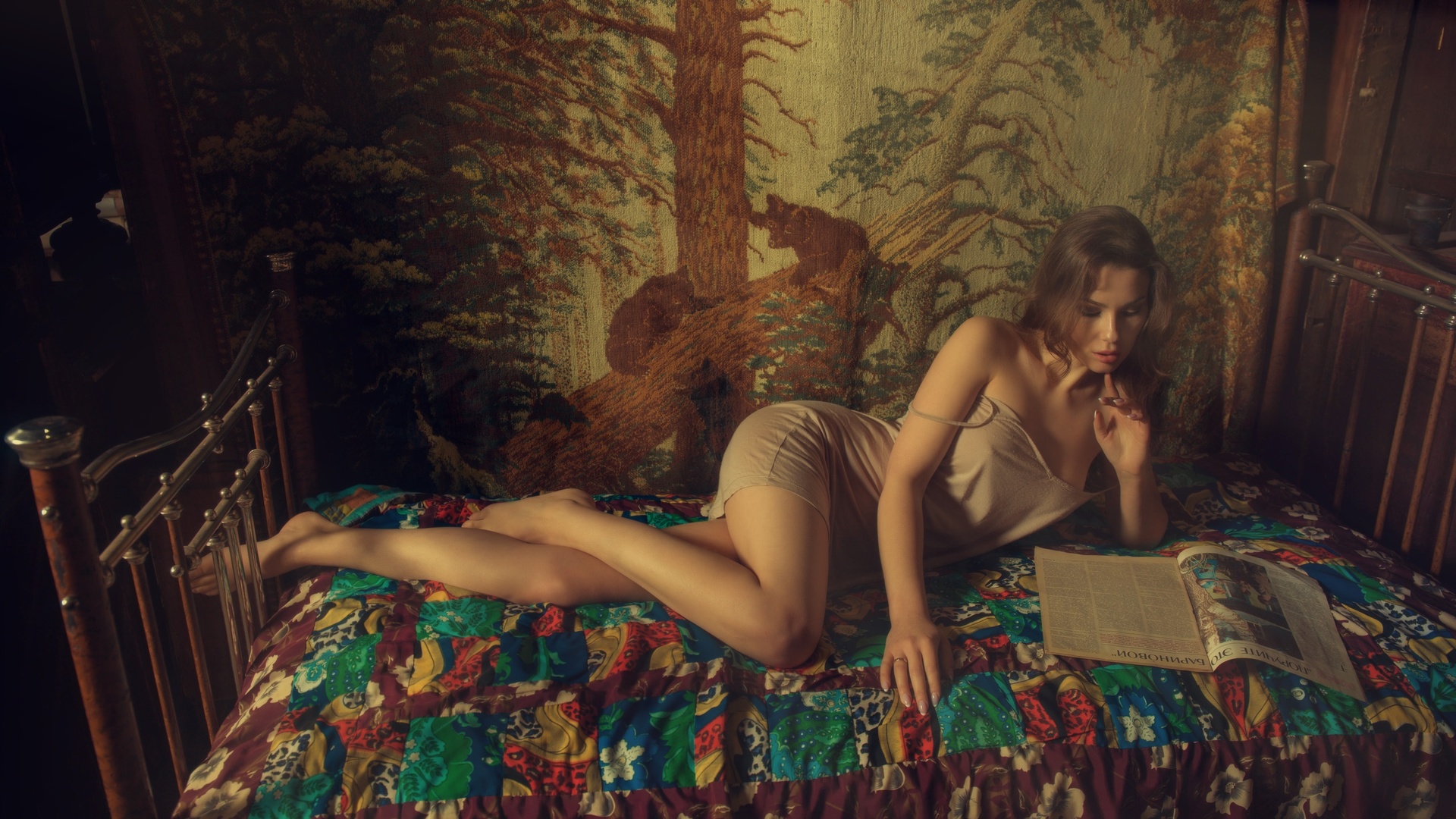 , , , , , , , , , , girl, nightie, pose, reading, retro, legs, bed, blanket, journal, carpet