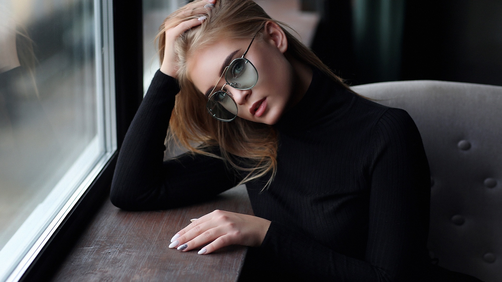 dmitry arhar, women, model, blonde, window, sweater, black sweater, women with glasses, glasses, looking at viewer, sitting