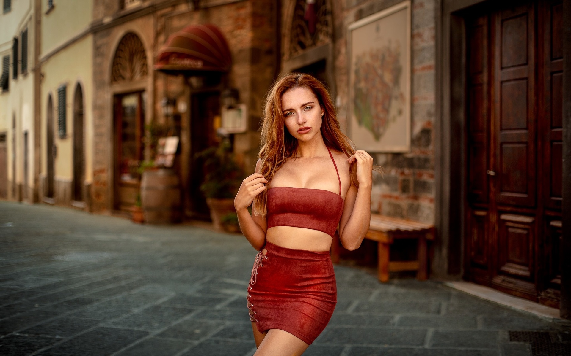 sophia blake, redhead, women, model, women outdoors, miniskirt, public, street, hips