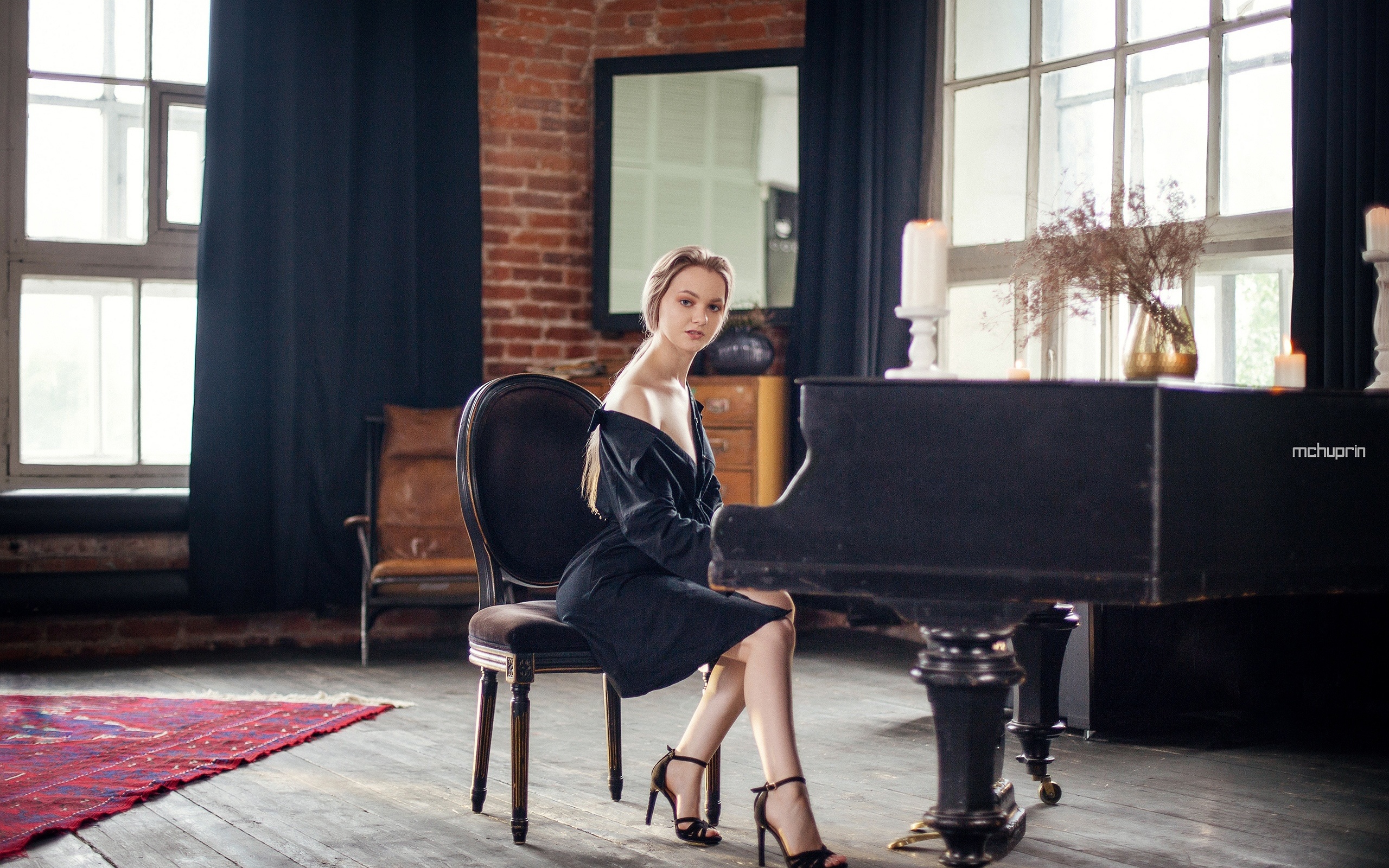 maksim chuprin, anna rvsa, blonde, model, women, women indoors, black dress, dress, chair, piano, wooden floor, window, sitting, mirror