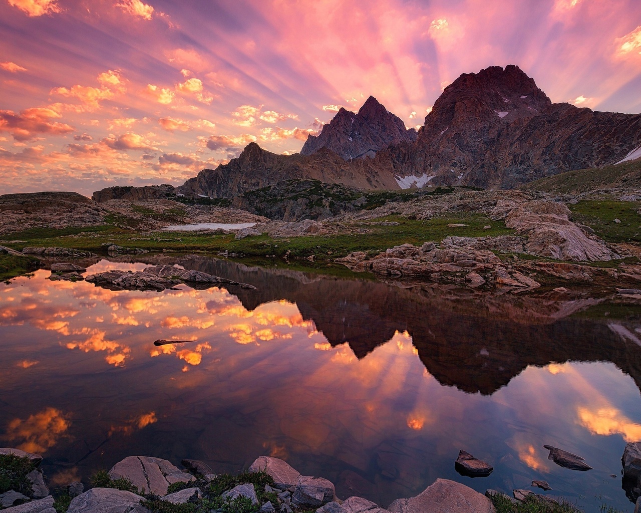 the sky, lake, mountains, stones, sunset, reflection, rays, pond, 4k , 4k ultra hd