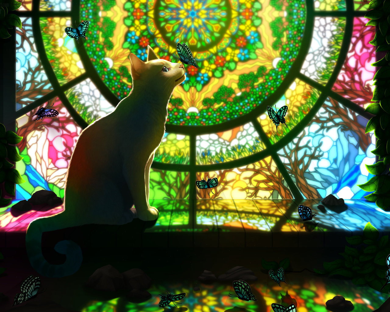 art, cat, beautiful, fantasy, butterflies, stained glass, glass, colors, pattern