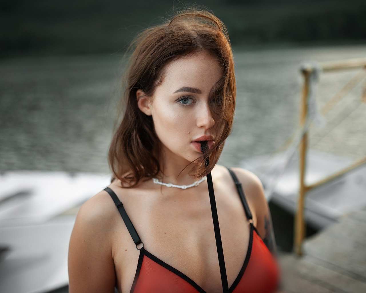 angelina kuznetsova, bikini top, brunette, model, women, women outdoors, lake, tattoo, boat, nature, water