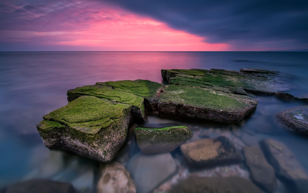 sea, beach, landscape, sunset, nature, sunrise, stones, rocks, pink, shore, beautiful, seascape