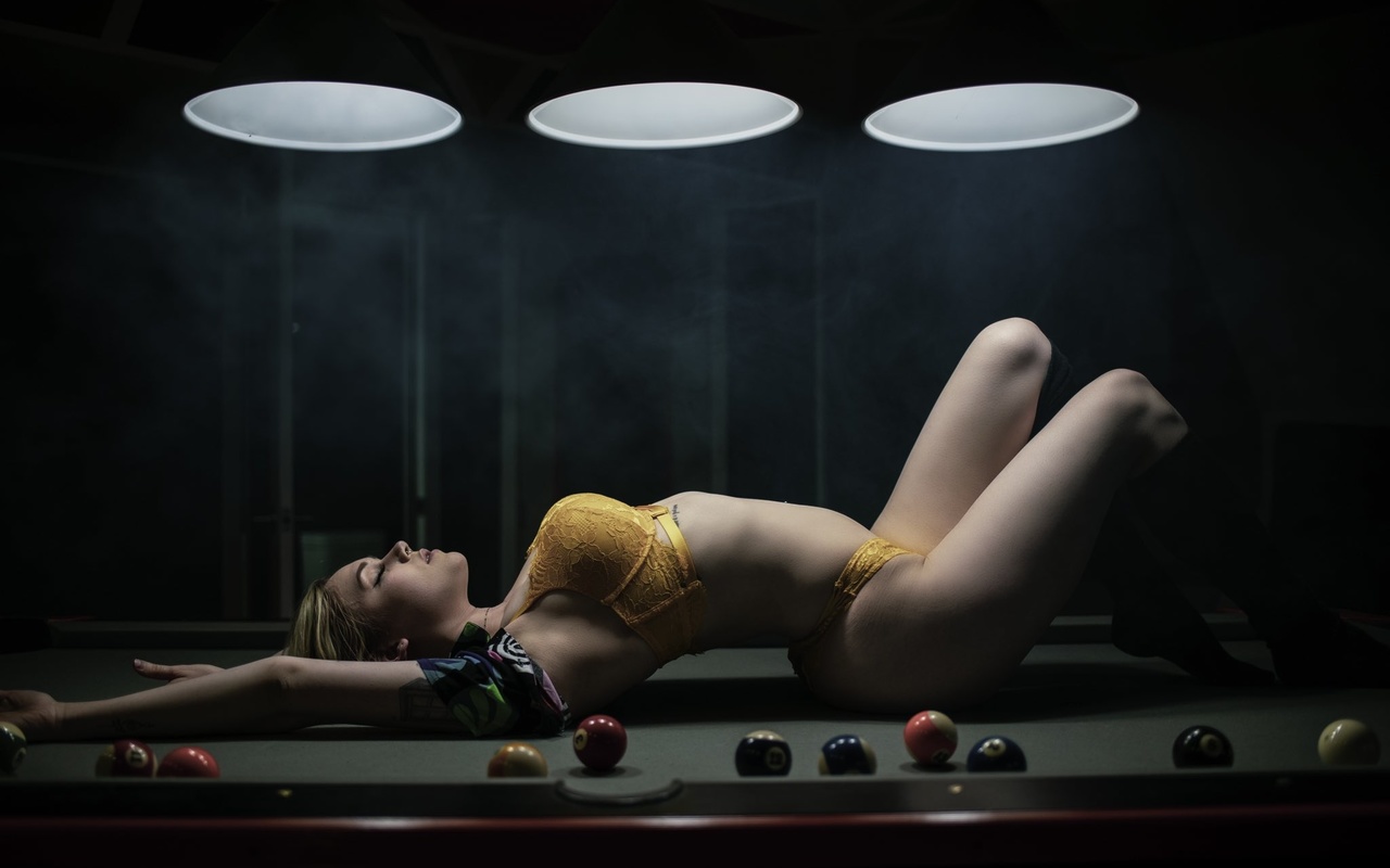 blonde, women, model, women indoors, bra, panties, closed eyes, ass, hips, yellow lingerie, yellow panties, yellow bra, lingerie, tattoo, pool table, billiards, billiard balls, boobs