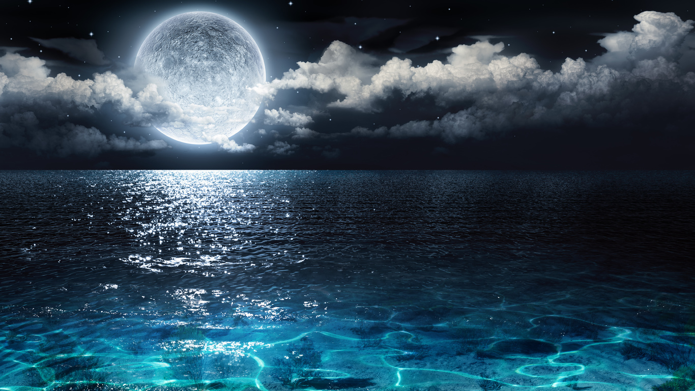 beautiful, moon, ocean, night, cloud