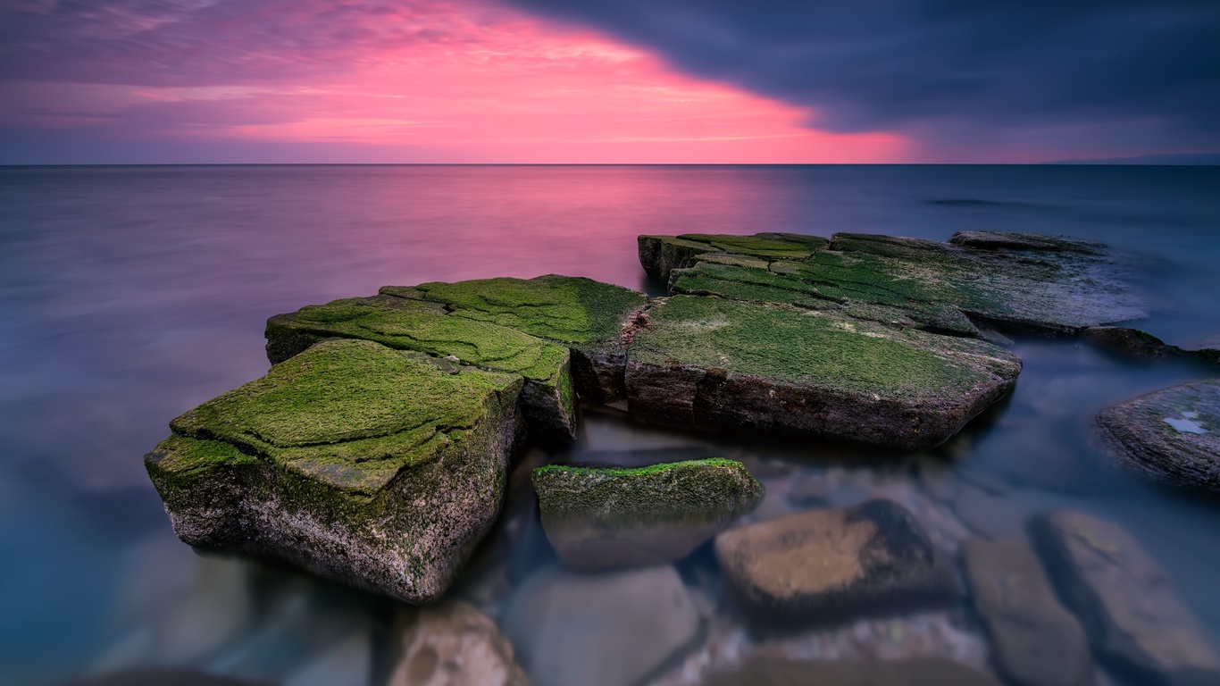 sea, beach, landscape, sunset, nature, sunrise, stones, rocks, pink, shore, beautiful, seascape