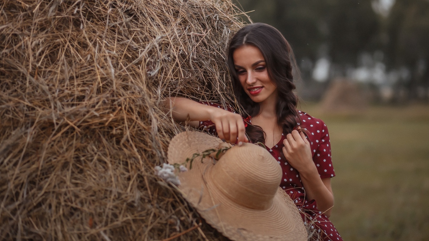 women, model, brunette, beautiful, women outdoors, polka dots, dress, braids, red dress, straw, straw hat, hat, field