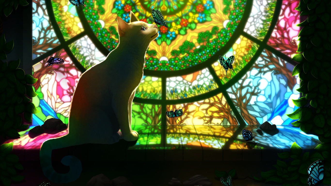 art, cat, beautiful, fantasy, butterflies, stained glass, glass, colors, pattern