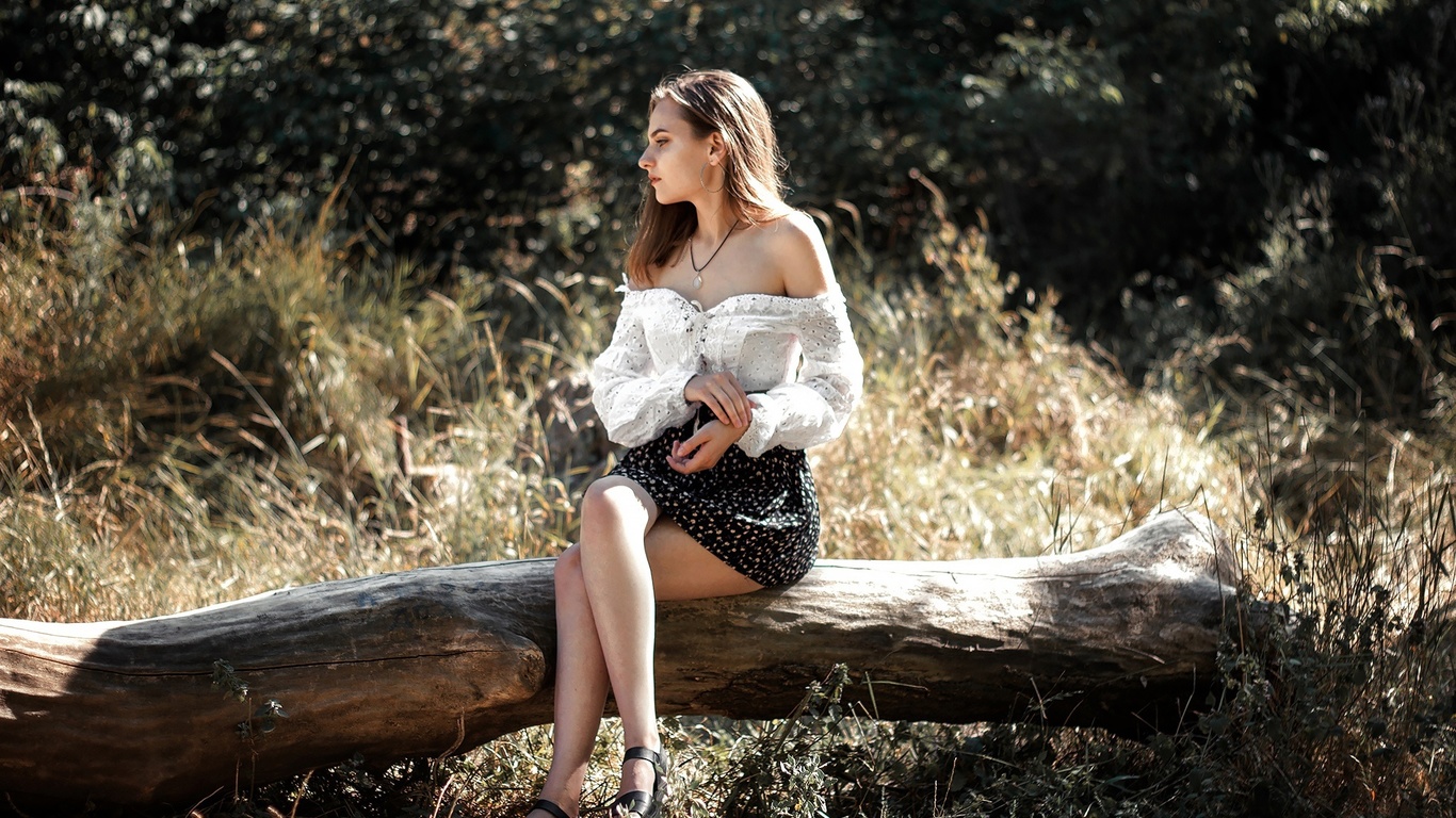 women, brunette, model, women outdoors, nature, blouse, white blouse, skirt, grass, trees, sitting, bare shoulders, hips