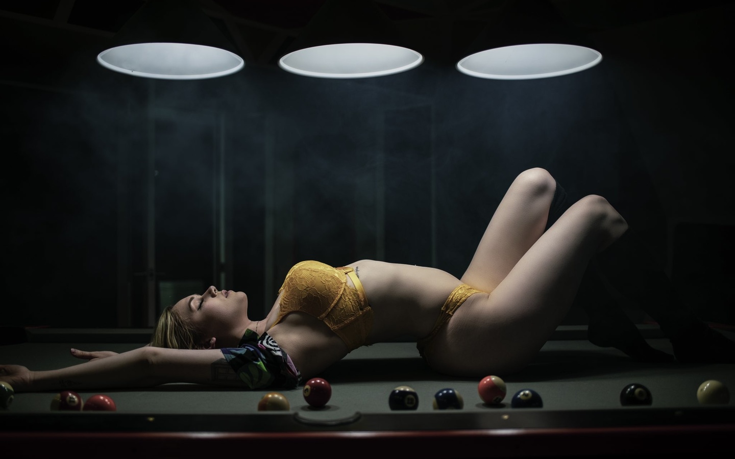 blonde, women, model, women indoors, bra, panties, closed eyes, ass, hips, yellow lingerie, yellow panties, yellow bra, lingerie, tattoo, pool table, billiards, billiard balls, boobs