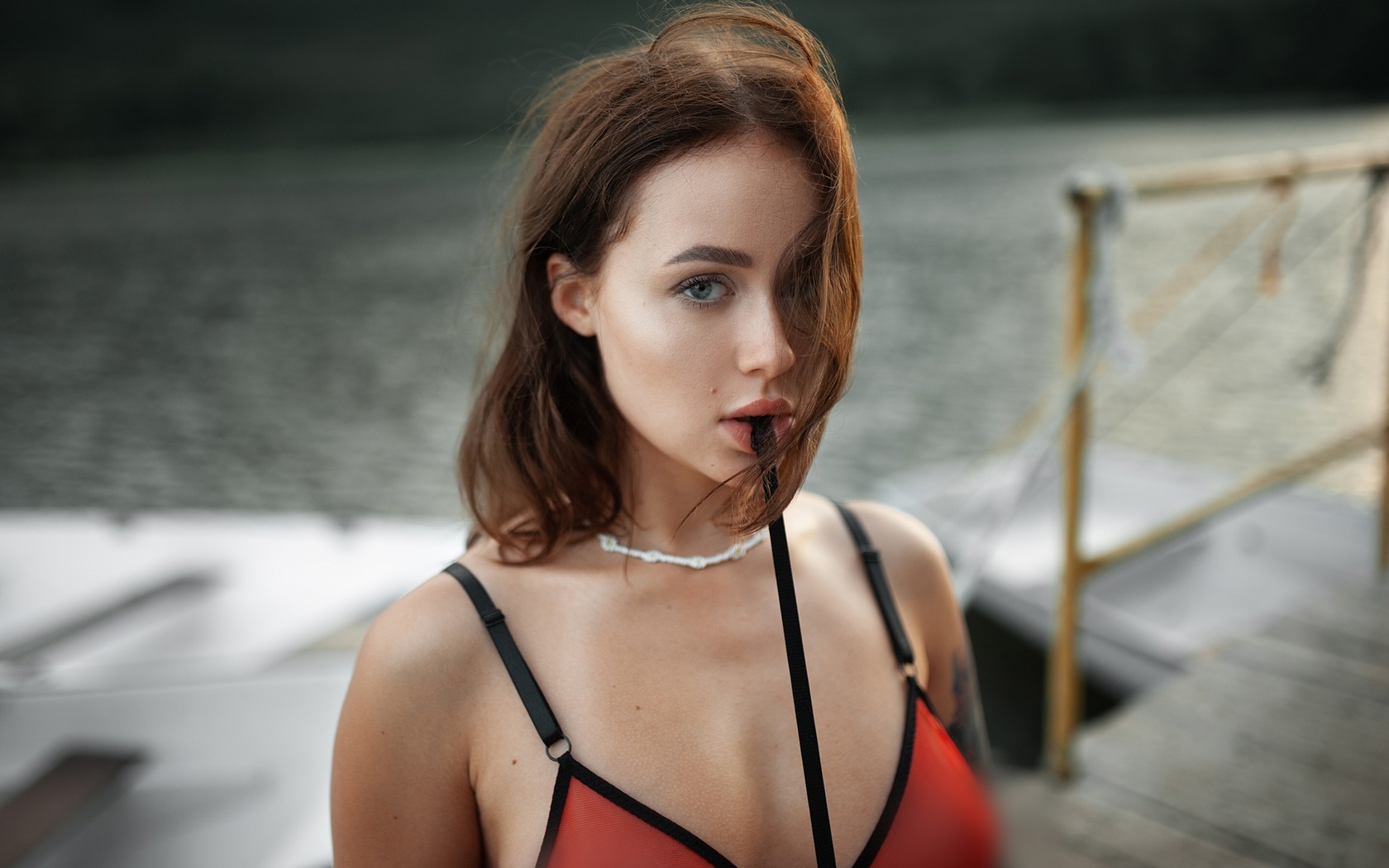 angelina kuznetsova, bikini top, brunette, model, women, women outdoors, lake, tattoo, boat, nature, water