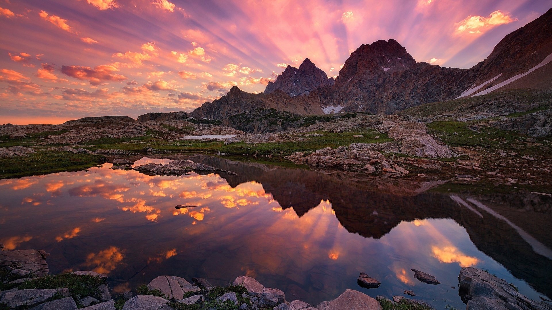 the sky, lake, mountains, stones, sunset, reflection, rays, pond, 4k , 4k ultra hd