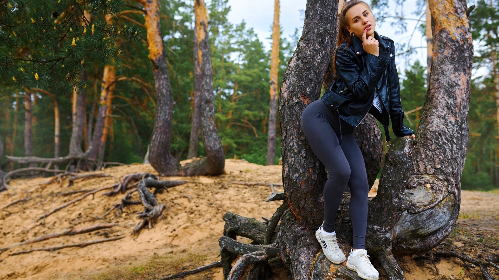 sergey bogatkov, women, model, brunette, leggings, women outdoors, hips, trees, nature, leather jacket, jacket, white sneakers