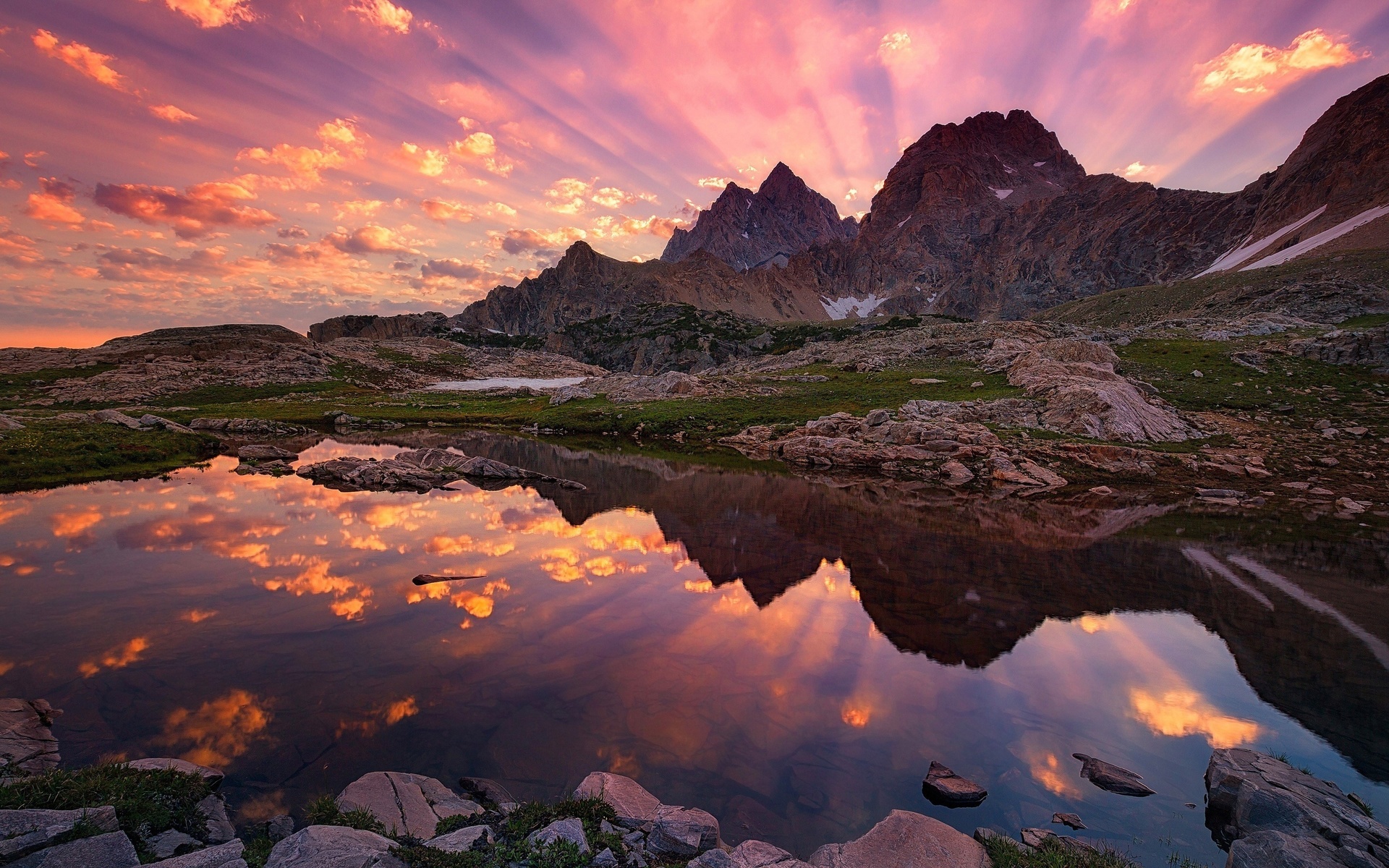 the sky, lake, mountains, stones, sunset, reflection, rays, pond, 4k , 4k ultra hd