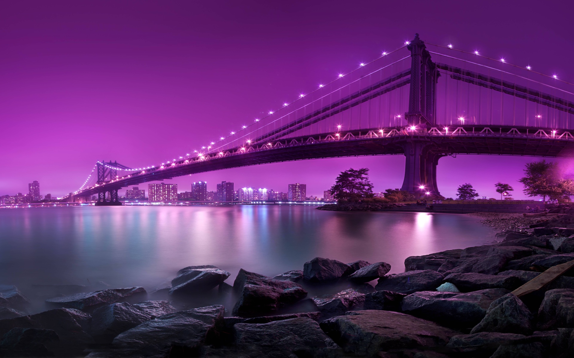 bridge, city, lights, purple, 8k