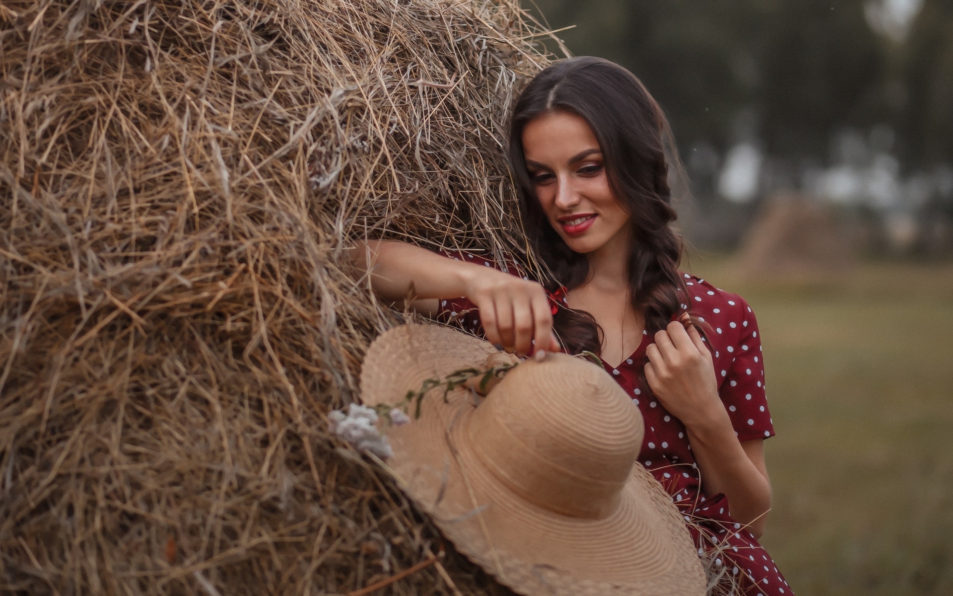 women, model, brunette, beautiful, women outdoors, polka dots, dress, braids, red dress, straw, straw hat, hat, field