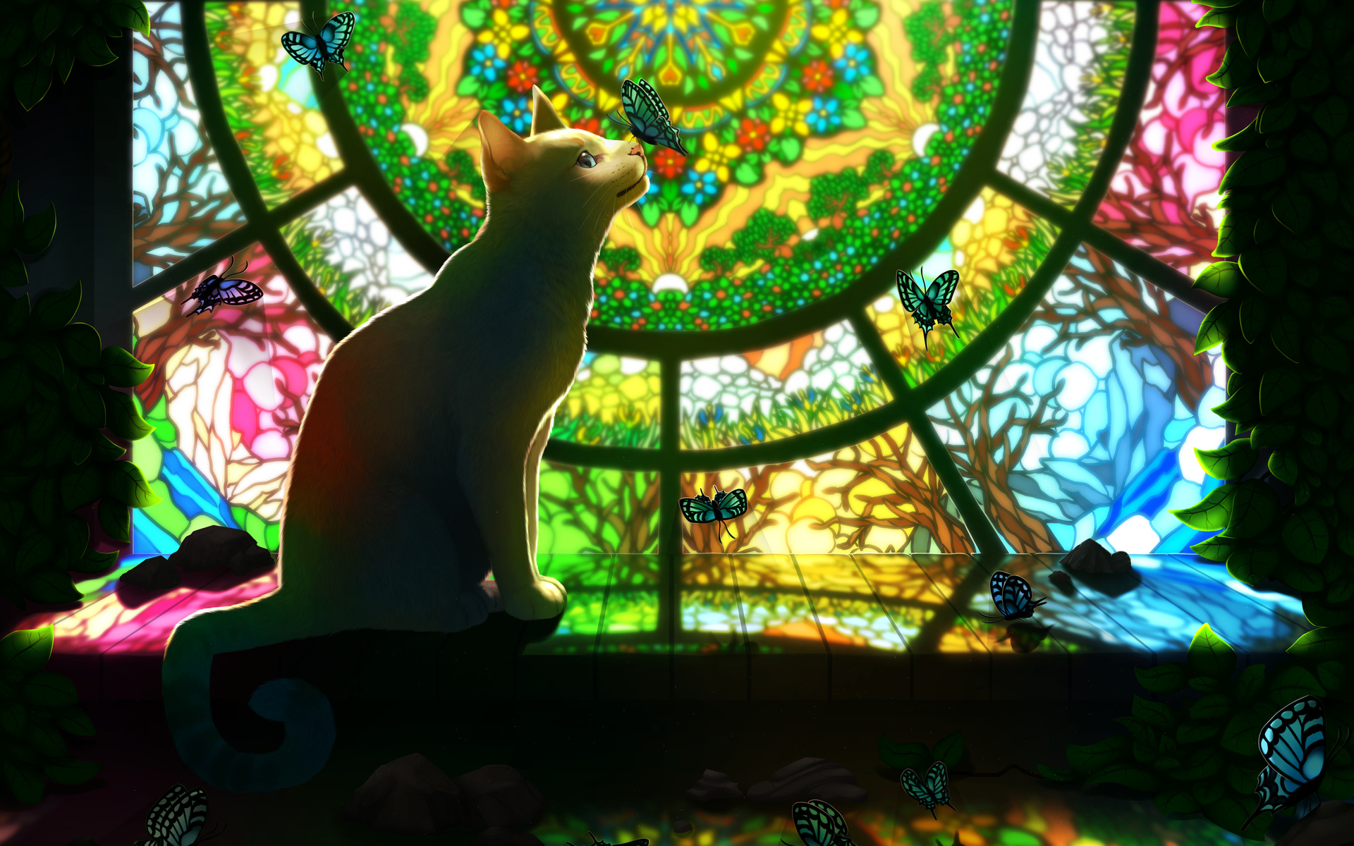 art, cat, beautiful, fantasy, butterflies, stained glass, glass, colors, pattern