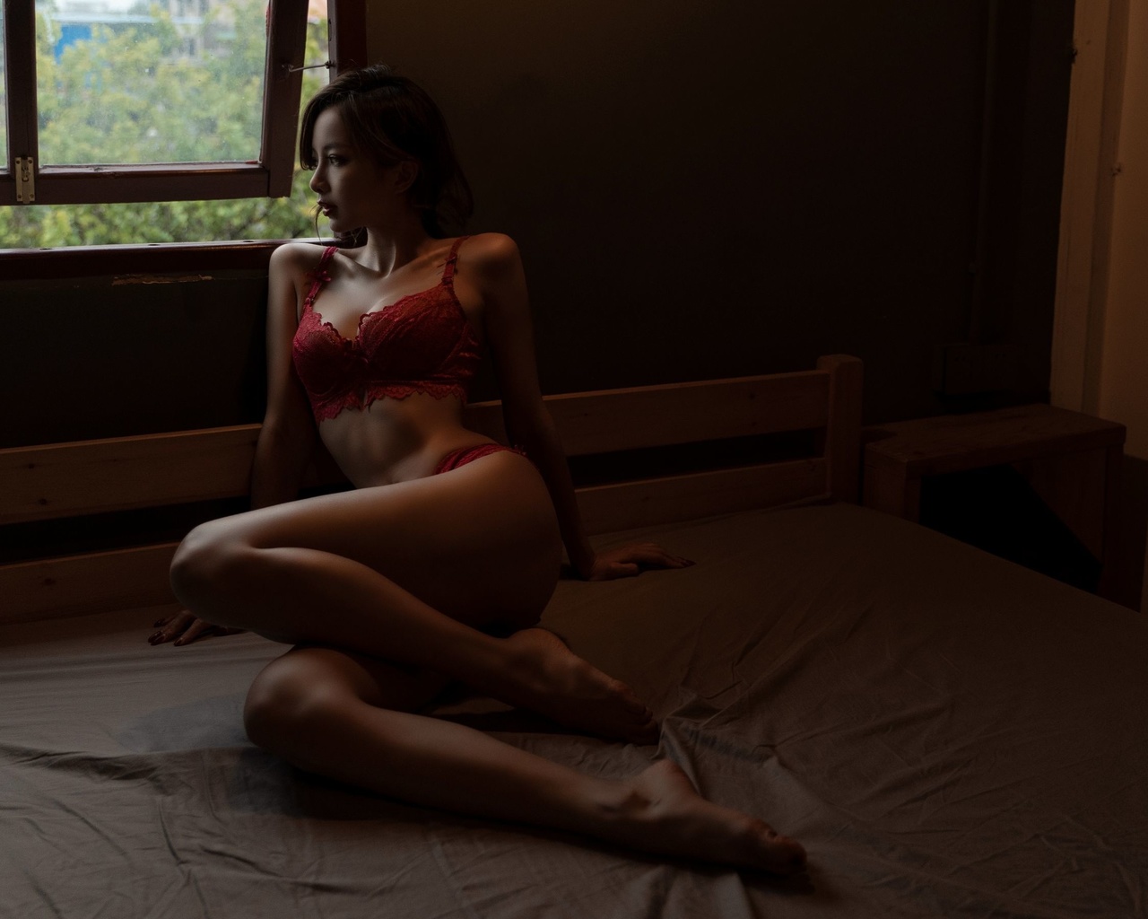 asian, women, model, brunette, women indoors, red bra, red panties, red lingerie, in bed, ass, window, hips