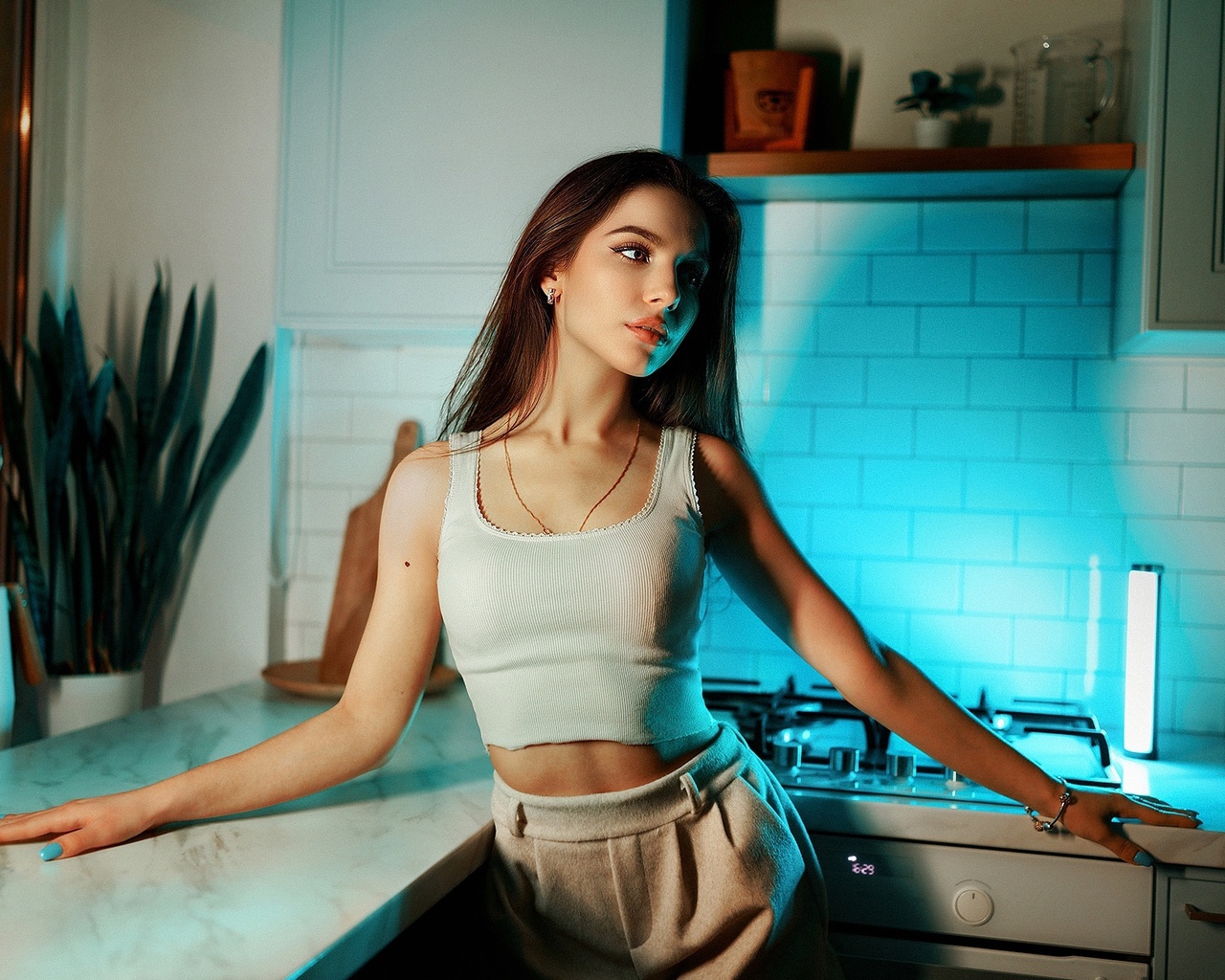 women, model, brunette, kitchen, women indoors, tank top, white tank top, shorts, white shorts, short tops, plants